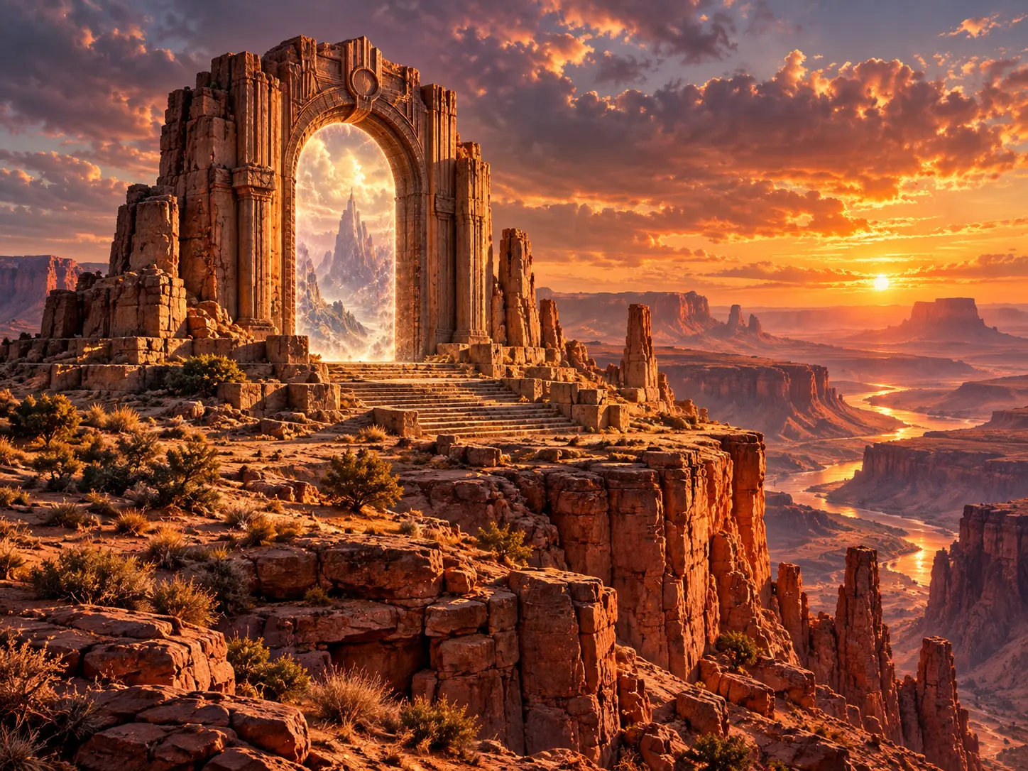 A glowing gate stands on a high red-rock mesa overlooking a vast canyon at sunset.
