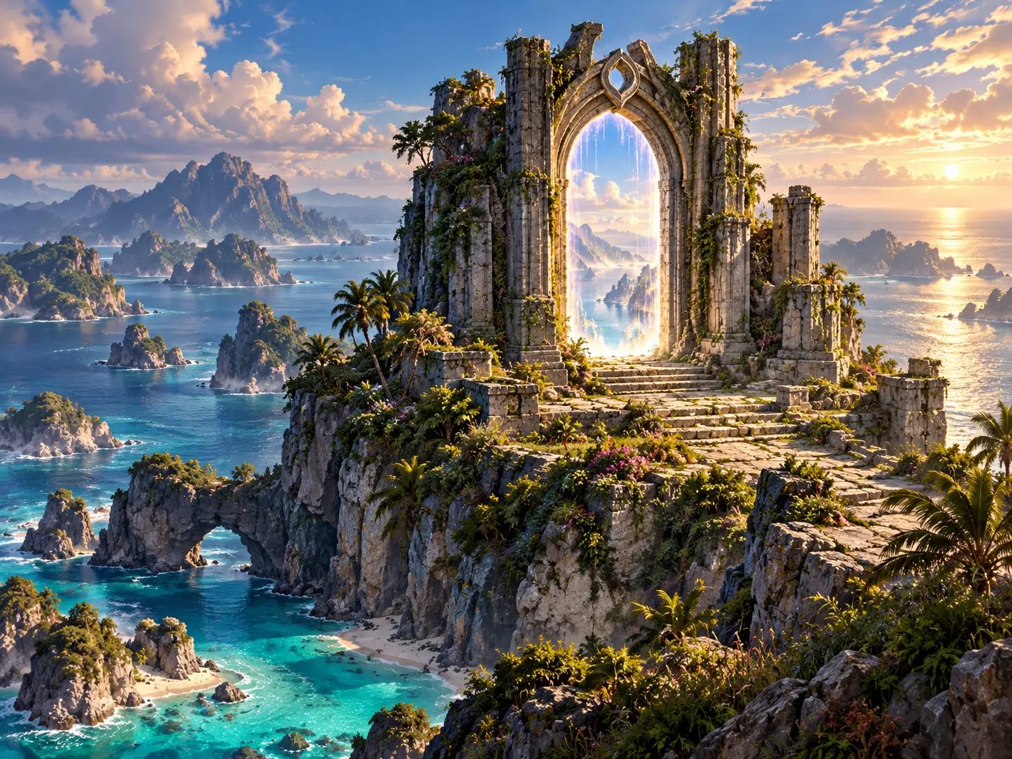 A glowing gate crowns a rocky island above turquoise water and distant island reaches.