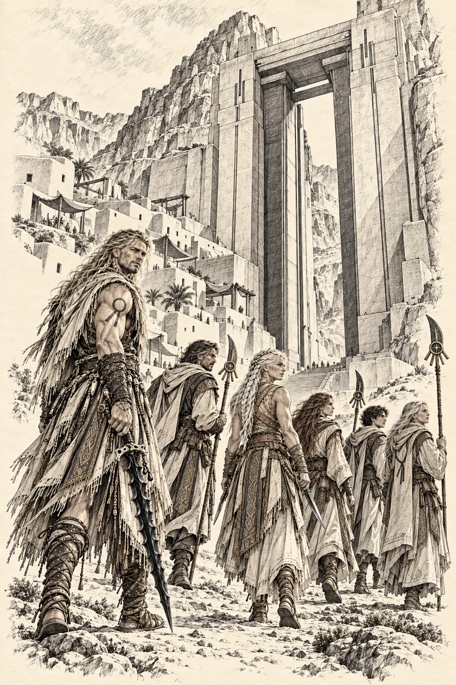 Keepers approach a towering carved stone gateway in a manuscript sketch.