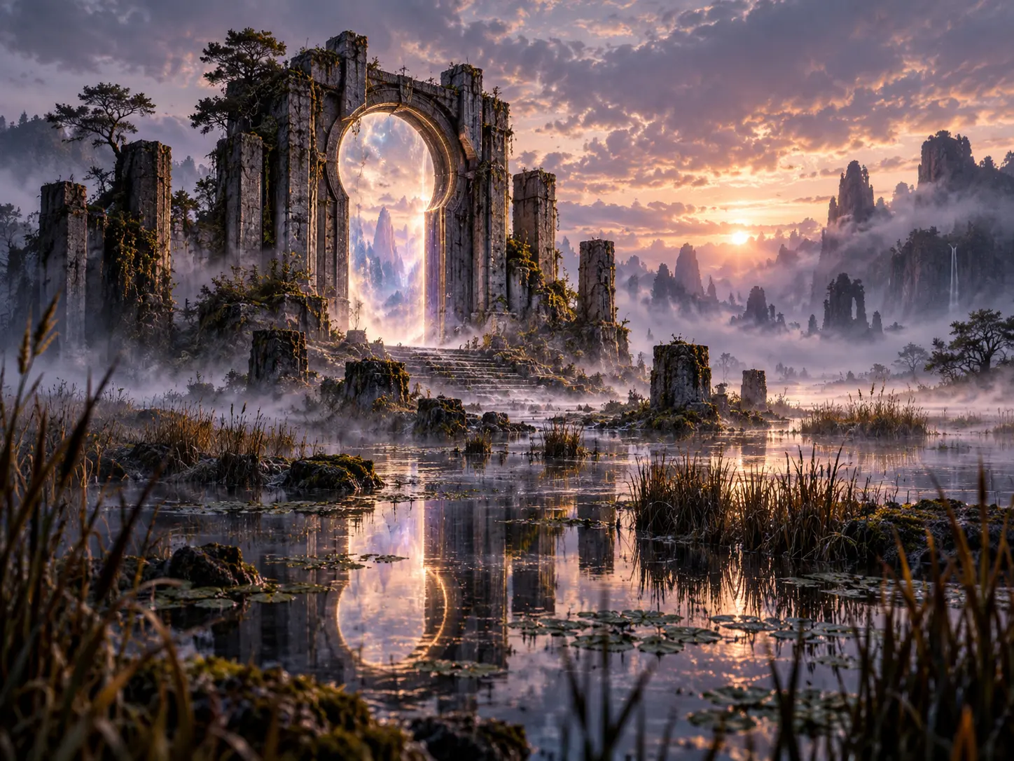 A luminous gate reflects in still marsh water among mist-shrouded ruins at sunrise.
