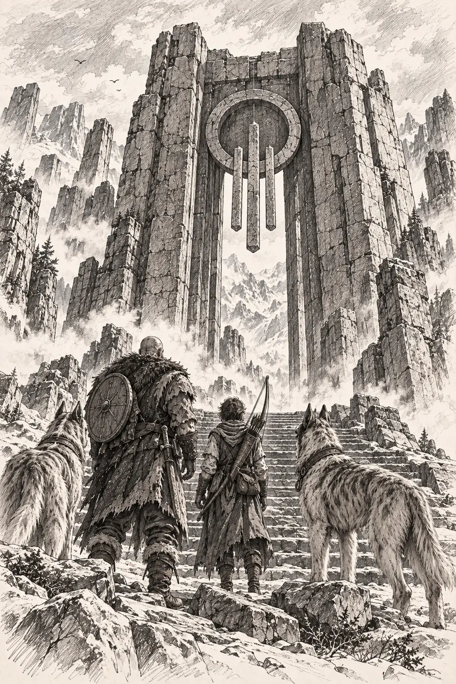 Travelers stand beneath a monumental gate surrounded by misty mountain peaks.