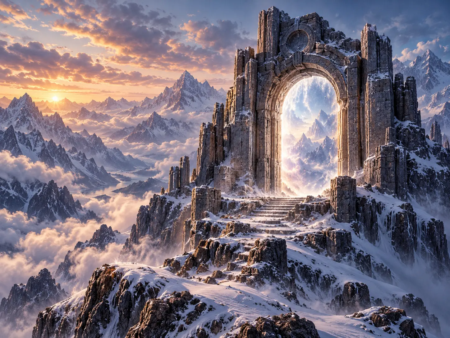 A luminous stone gate stands above a snowy mountain path amid the peaks of the Northern Ranges.