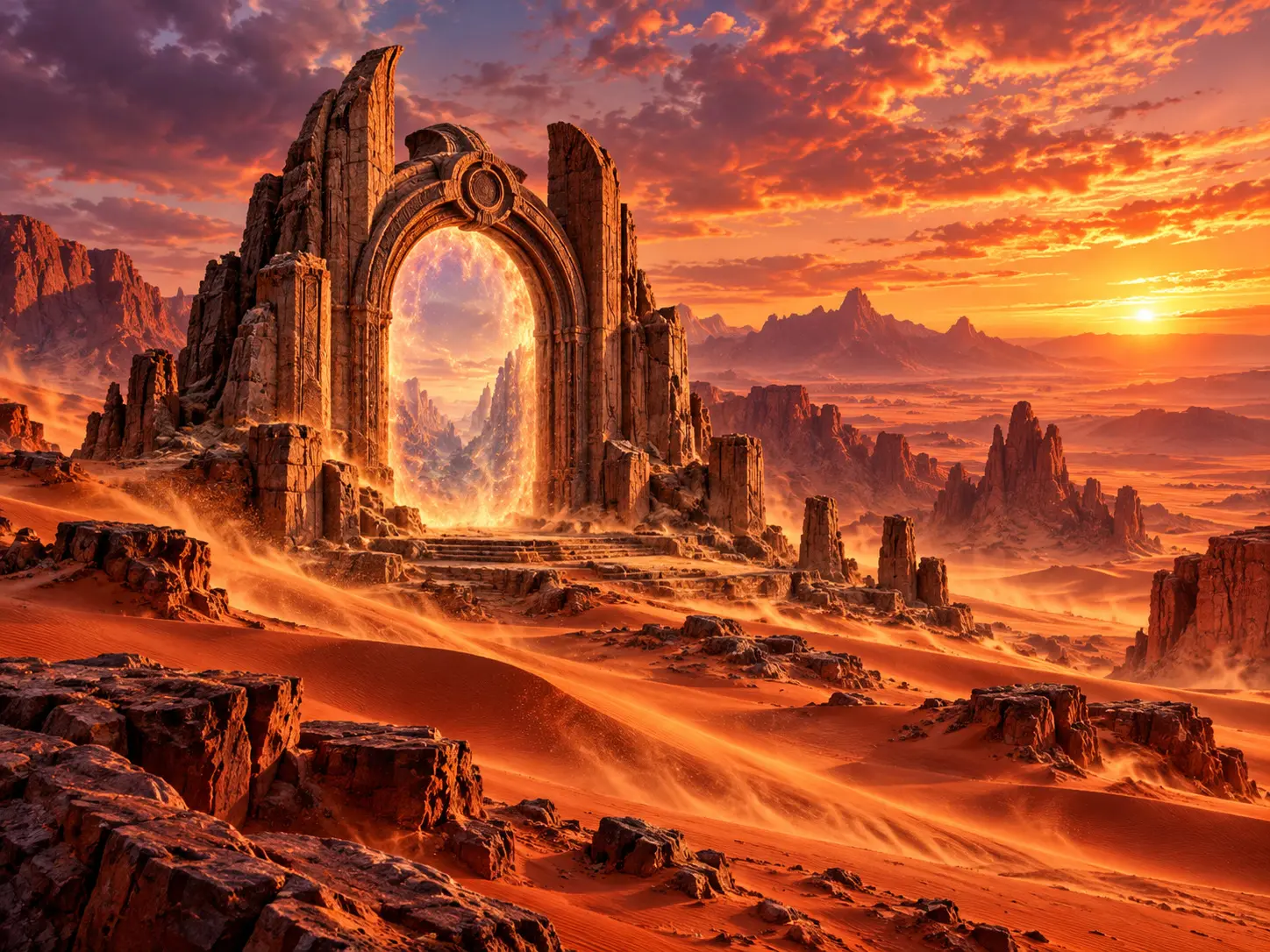 A glowing gate stands among weathered ruins and windswept red dunes beneath a fiery sunset.