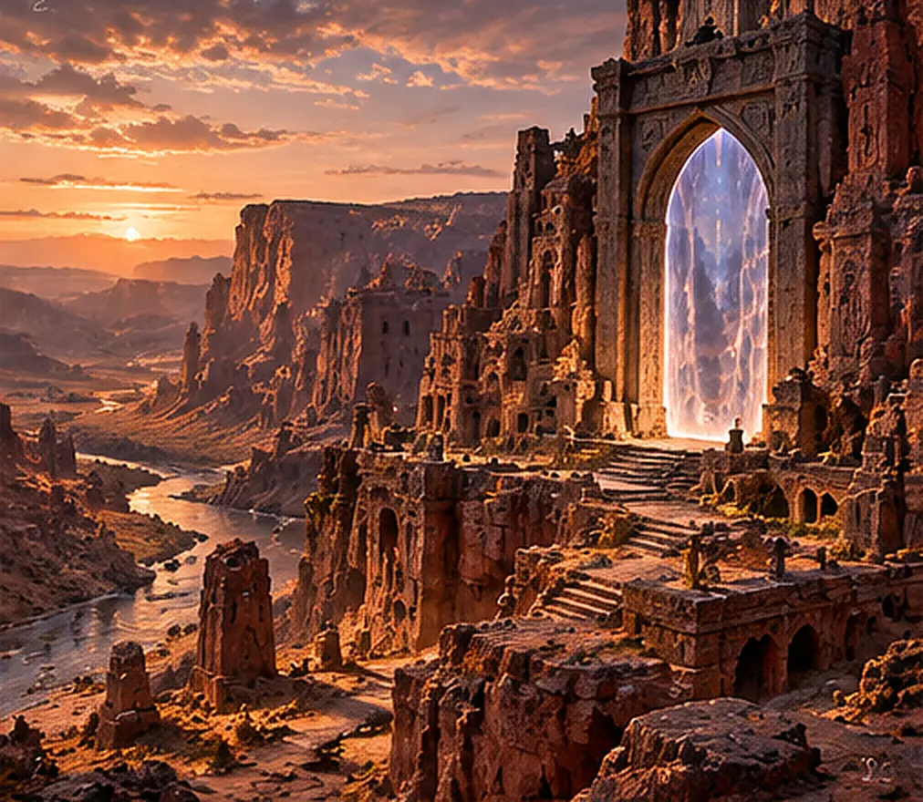 A luminous gate stands within a red-rock citadel above a winding river canyon at sunset.