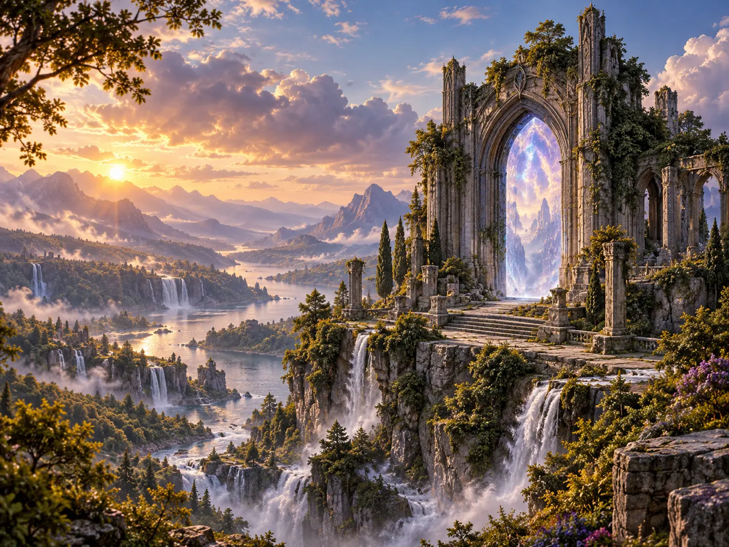 A luminous gate overlooks a river valley, with waterfalls descending from its rocky ledge.