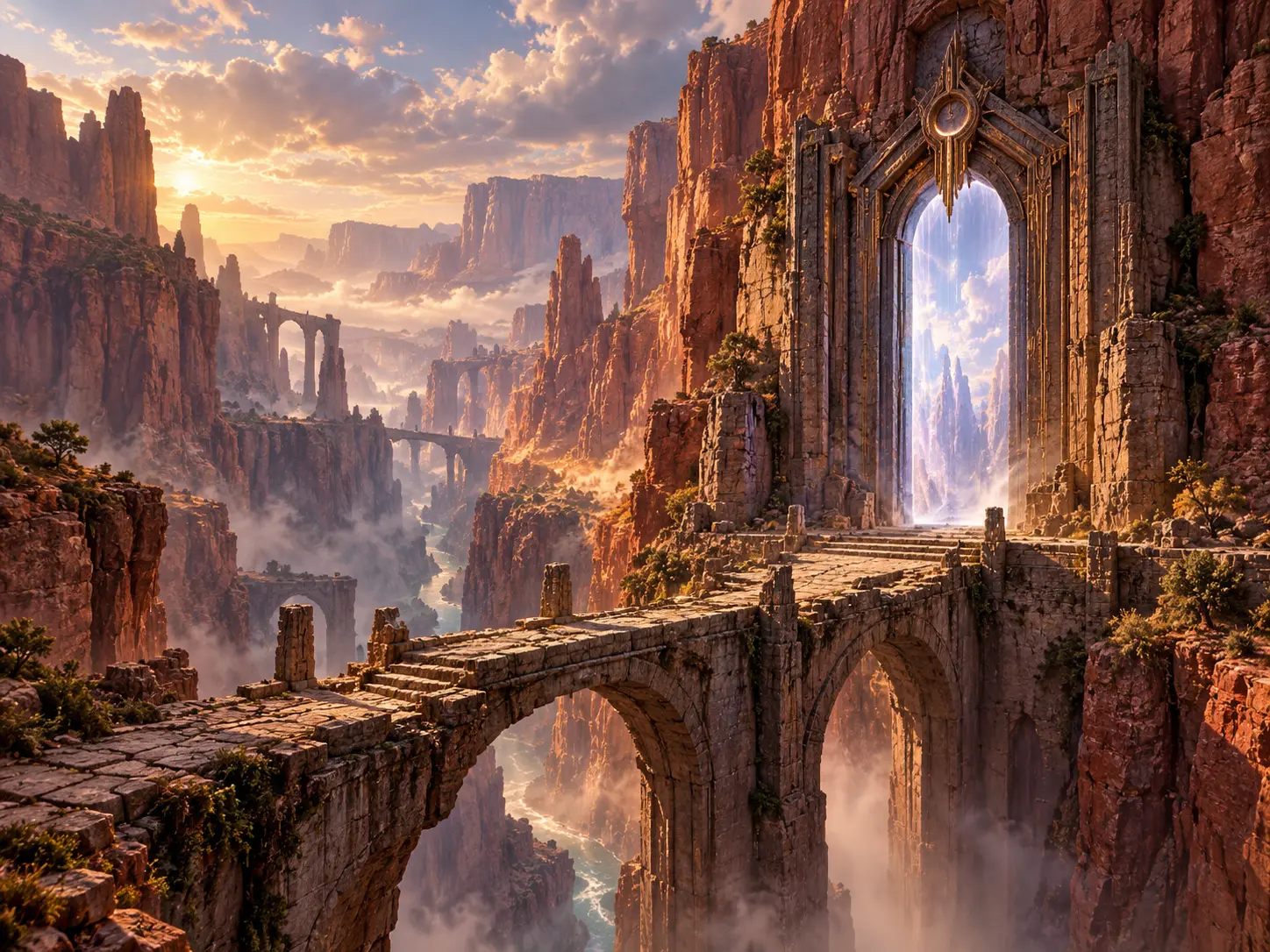 A narrow stone bridge leads to a luminous gate set into a towering canyon wall.
