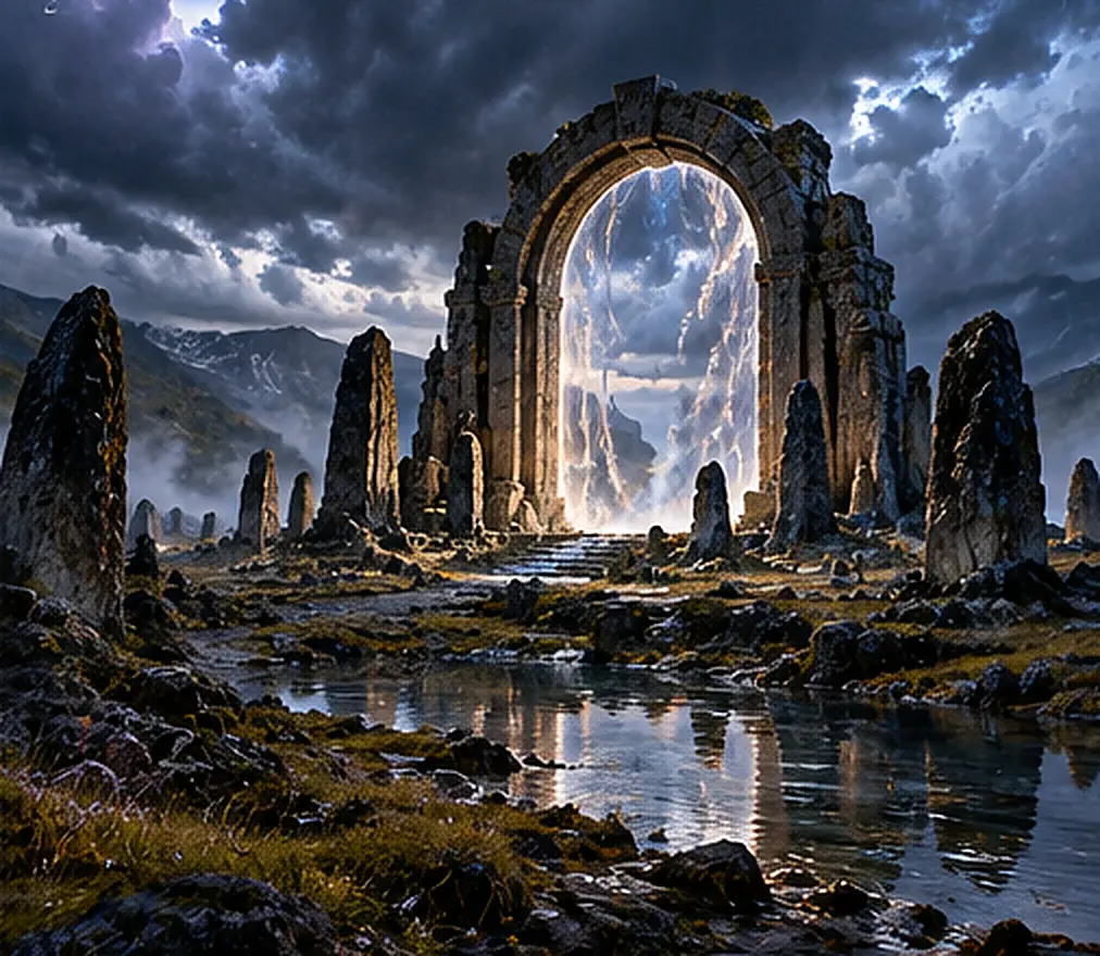 A glowing stone gate stands among ancient standing stones on a windswept moor beneath storm clouds.