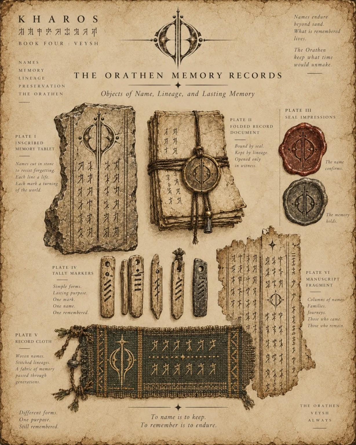 Archive plate showing inscribed tablets, seals, narrow record strips, and a bound volume of ancient writing.