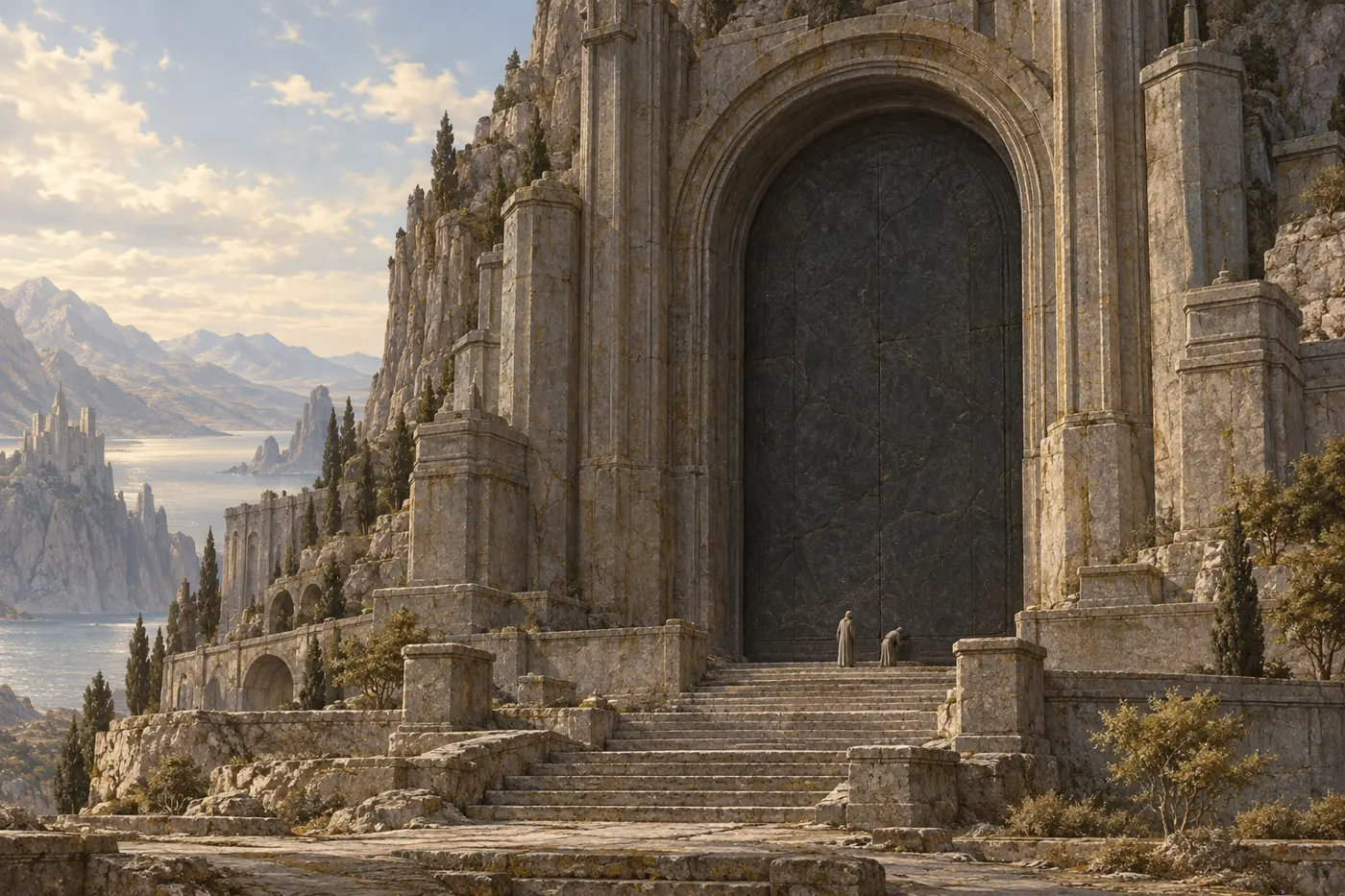 A sealed stone gate rises above a sunlit mountain valley.