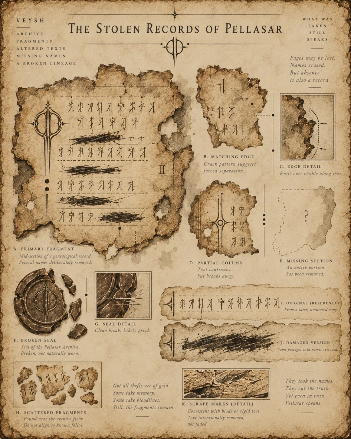 Archive plate showing torn manuscript fragments, ancient inscriptions, circular symbols, and architectural sketches.