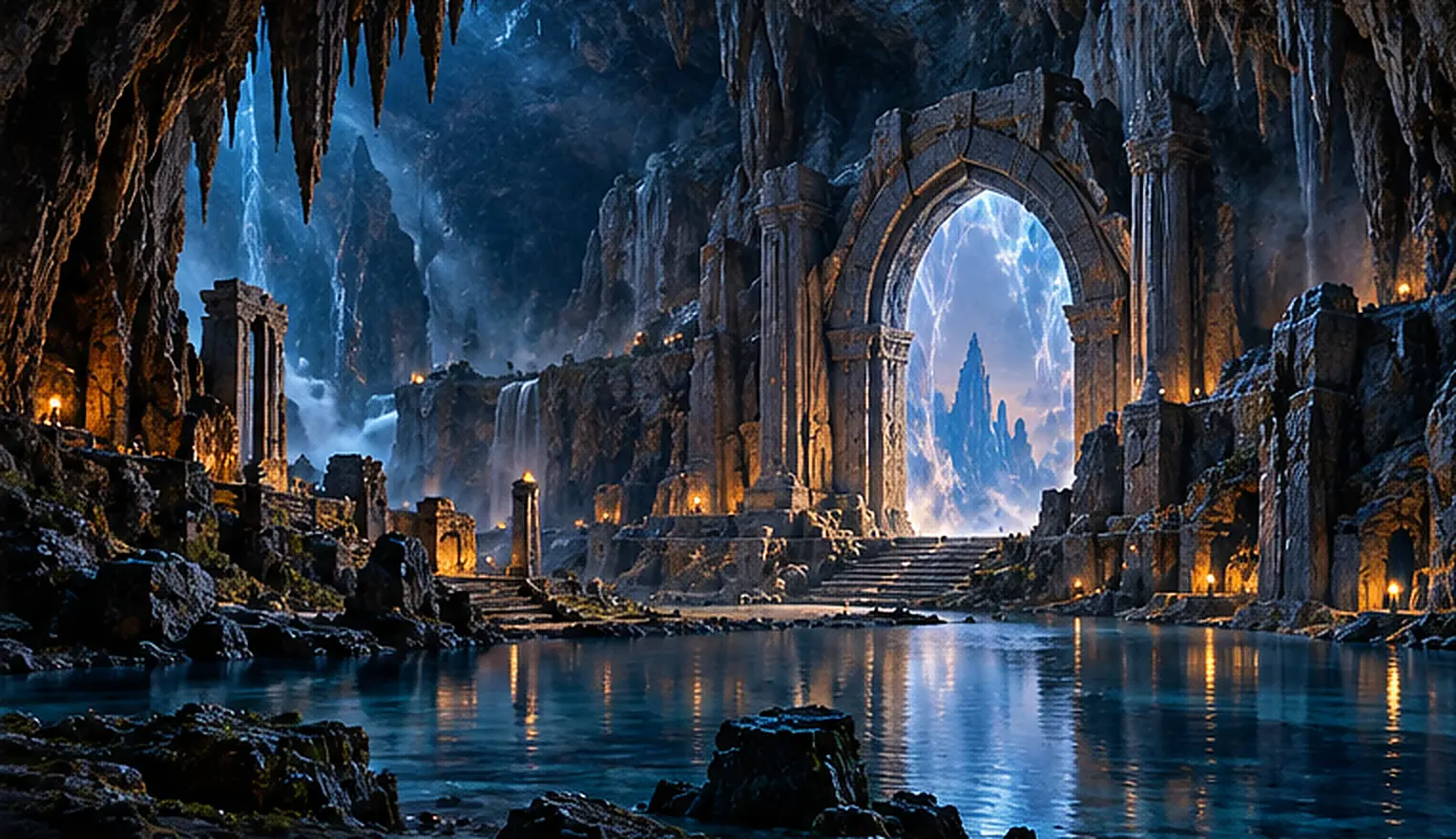 A luminous stone gate stands beside an underground lake, surrounded by stalactites and torchlit cavern ruins.