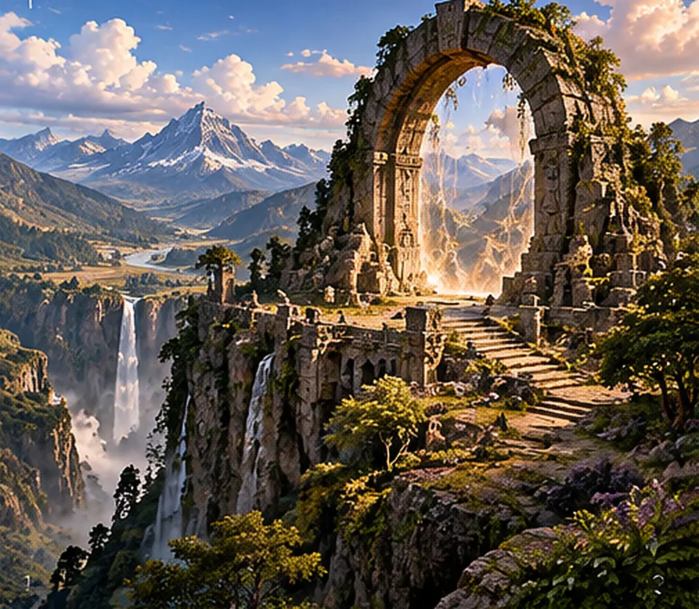 A glowing arched gate stands on a verdant highland ledge above waterfalls and a mountain valley.