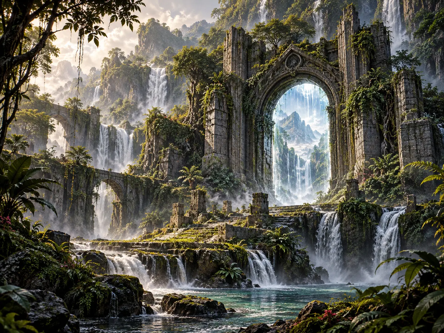 A luminous stone gate rises above cascading waterfalls in a lush, moss-covered grove.