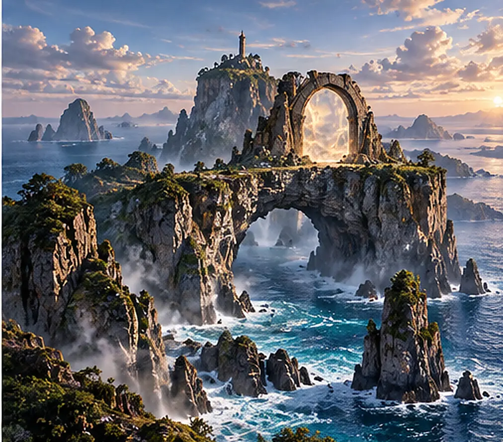 A glowing gate crowns a windswept island with a natural stone arch above crashing ocean waves.