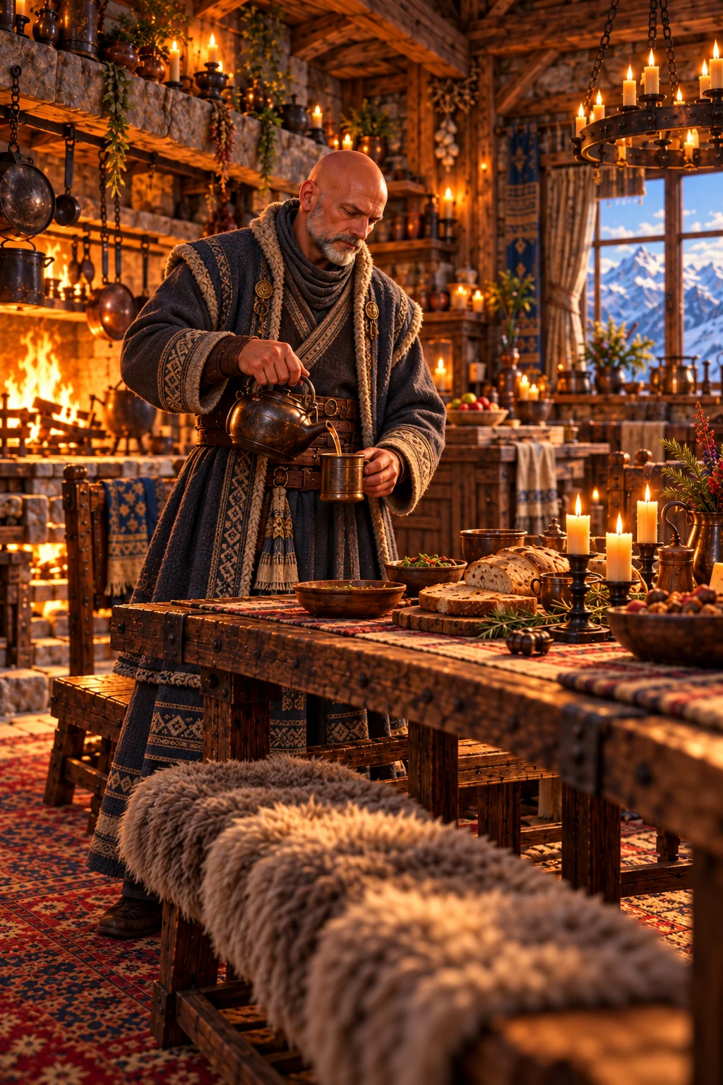A robed man prepares a meal at a wooden table in a candlelit mountain lodge with a blazing hearth.