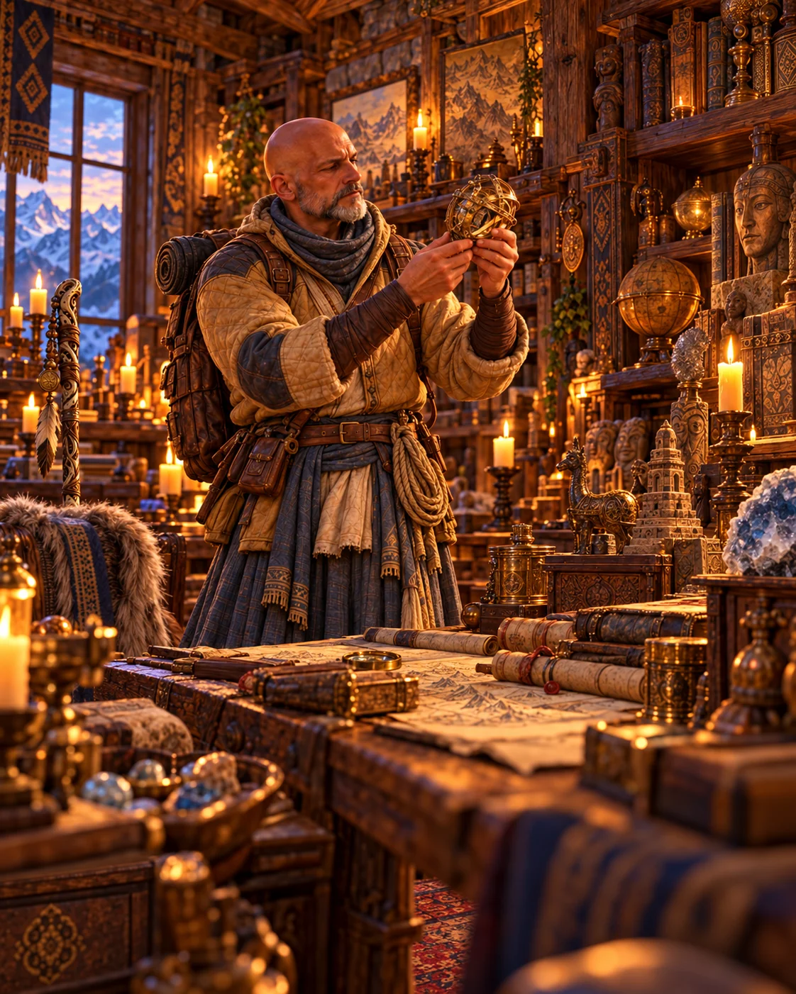 A man examines a small object at a workbench surrounded by tools, candles, and shelves in a timber mountain lodge.