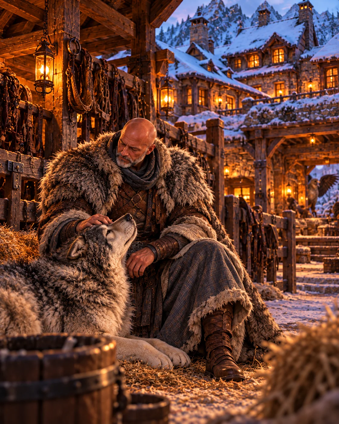 A fur-cloaked man pets a wolf outside a warmly lit mountain lodge beneath snowy peaks.