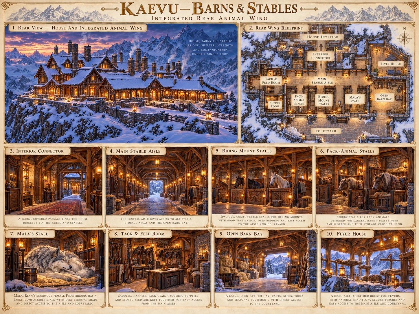 Illustrated reference plate showing Kaevu’s rear animal wing, a labeled floor plan, a connecting corridor, animal stalls, a tack and feed room, and a hayloft.