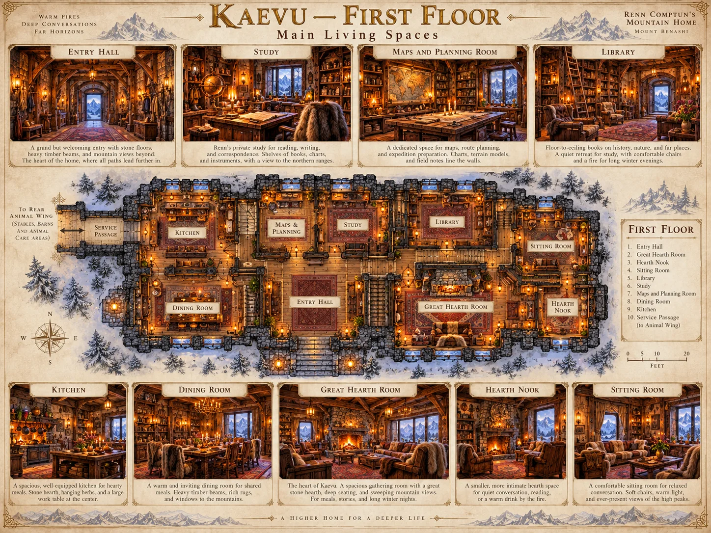 Illustrated floor plan and interior views of Kaevu’s main living spaces, including the entry hall, study, library, kitchen, dining room, and great hearth room.