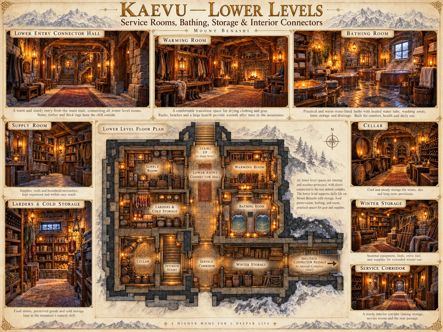 Illustrated floor plan and interior views of Kaevu’s lower levels, including service rooms, a bathing room, storage spaces, a cellar, and connecting halls.