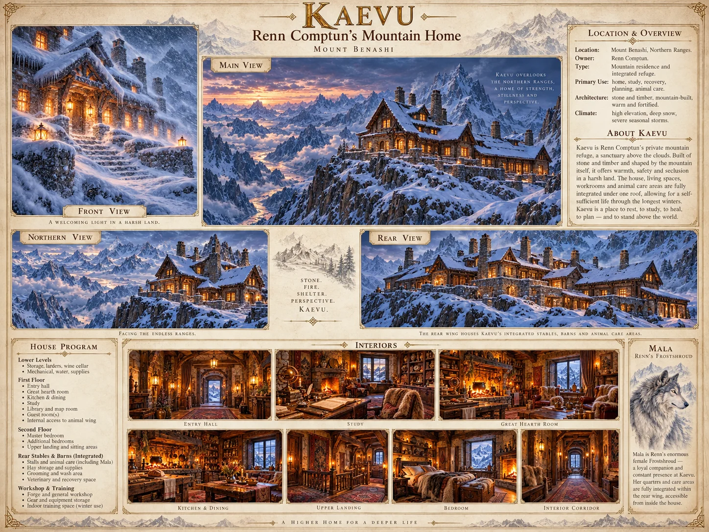 Illustrated reference plate of Kaevu, showing the timber mountain home in snowy surroundings, exterior views, warmly lit interiors, and a house program.