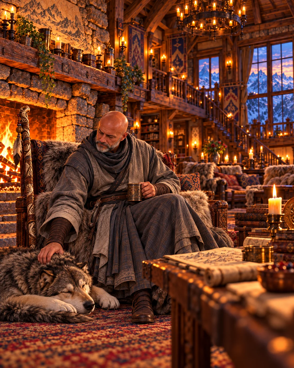 A seated man rests a hand on a sleeping wolf beside the stone fireplace of a warmly lit mountain lodge.