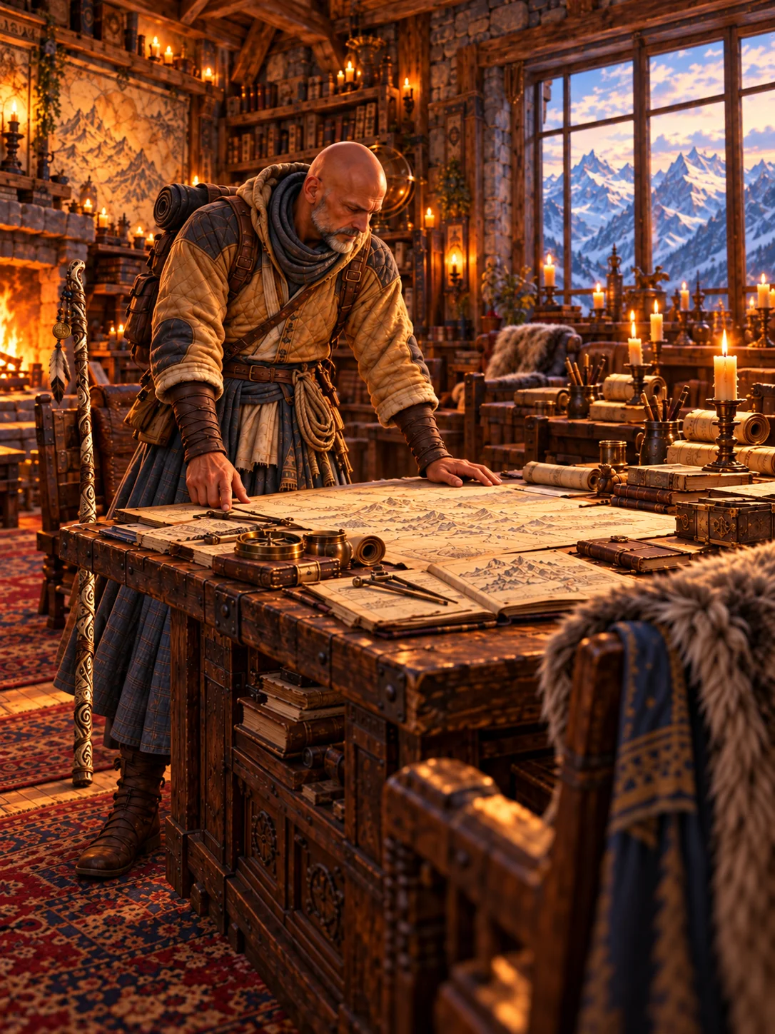 A cartographer leans over maps spread across a wooden table in a candlelit lodge overlooking snowy mountains.