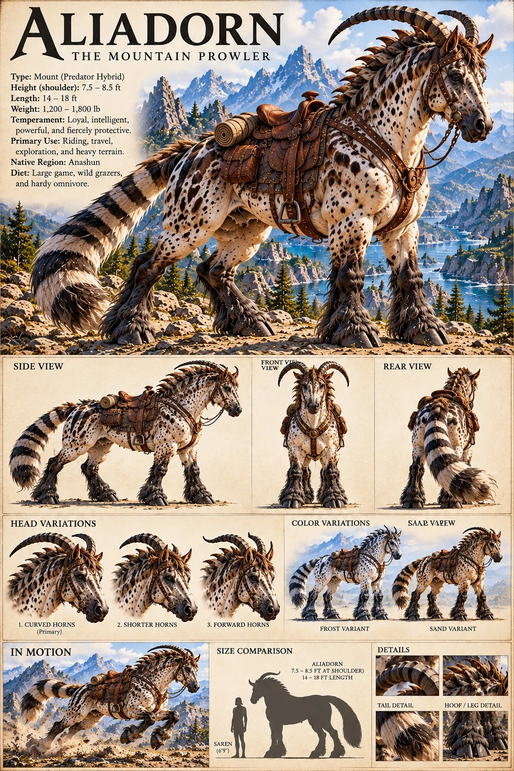 A saddled, spotted Aliadorn stands in a mountain landscape, with head, foot, coat variation, and size studies.