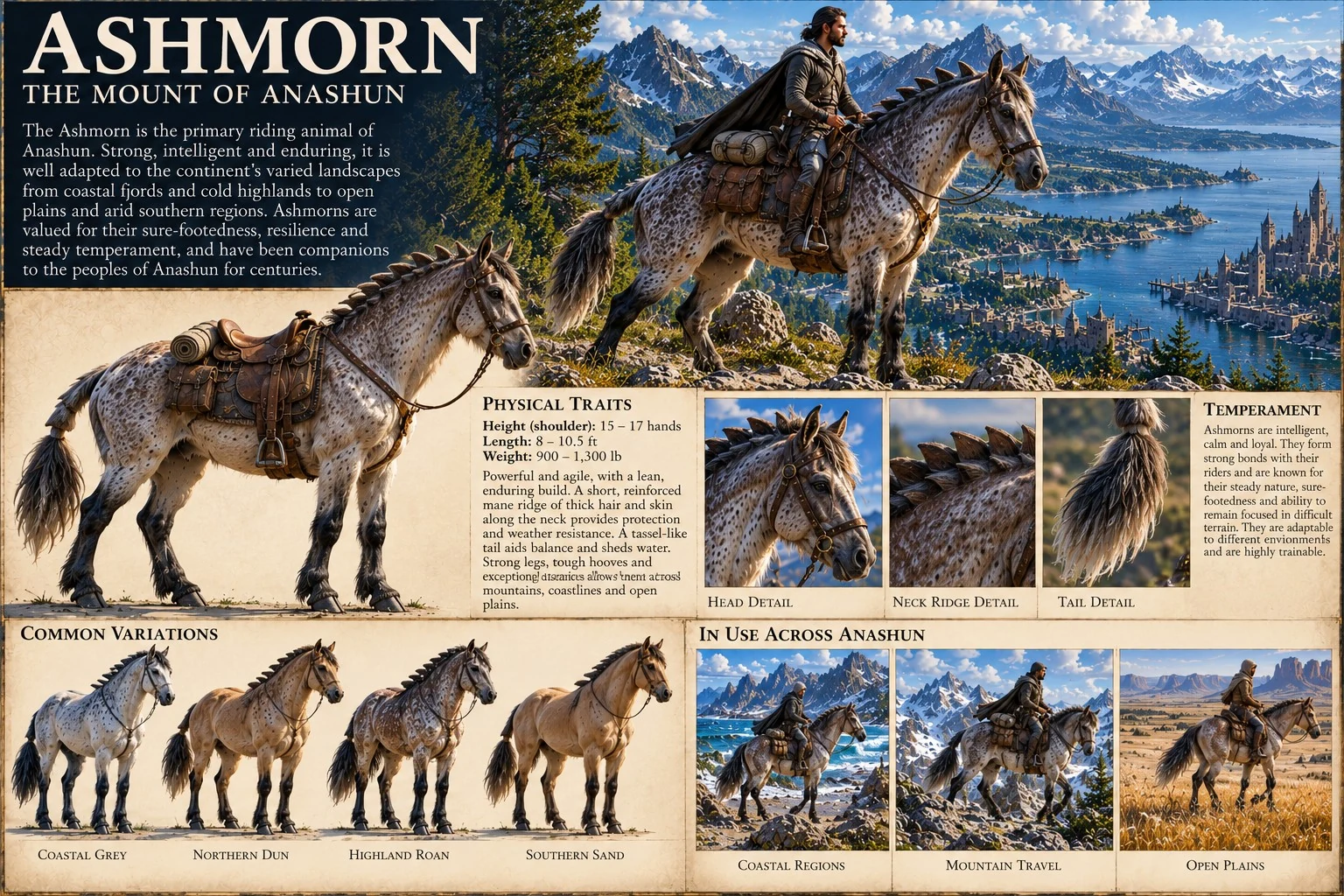 A rider crosses a mountain landscape on an Ashmorn, with anatomical details, coat variations, and scenes of travel across Anashun.