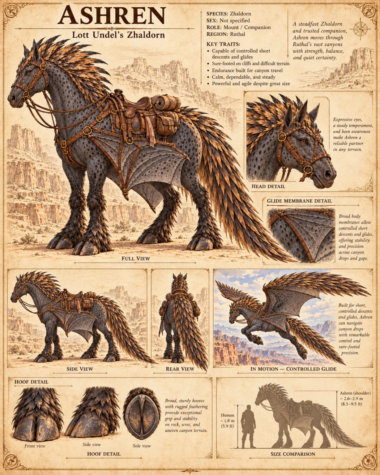 Ashren, Lott Undel’s saddled Zhaldorn of Ruthal, in a canyon landscape, with head, glide membrane, hoof, side and rear views, a controlled glide, and a size comparison.