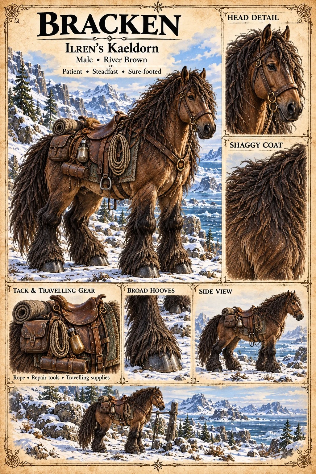 Bracken, Ilren’s shaggy brown Kaeldorn, stands saddled in a snowy coastal landscape, with head, coat, hoof, and travelling gear studies.