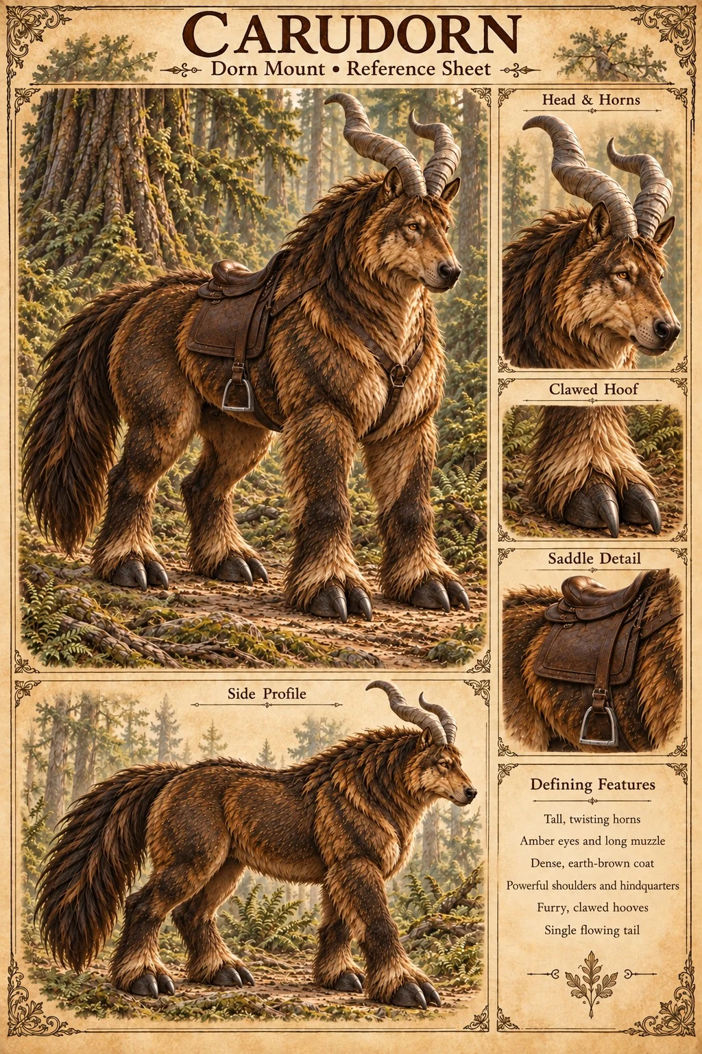 A shaggy, horned Carudorn carries a saddle in a forest, with head, horn, hoof, tack, and size studies.
