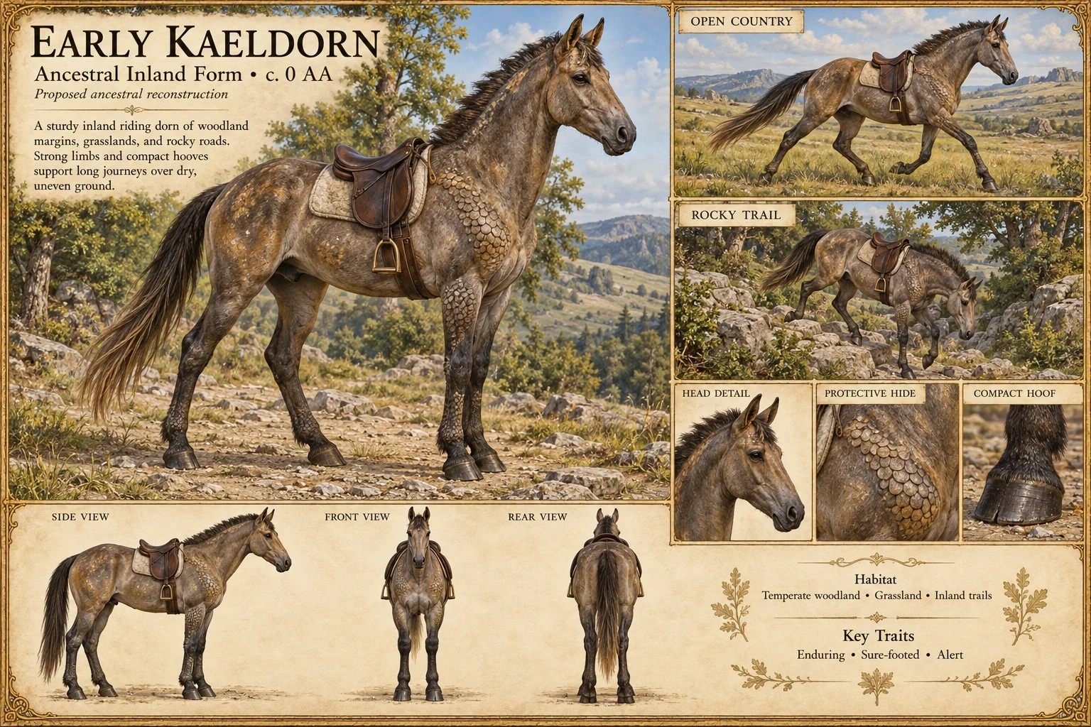 An ancestral inland Kaeldorn stands saddled in open country, with a woodland trail scene, anatomical studies, and riding equipment.
