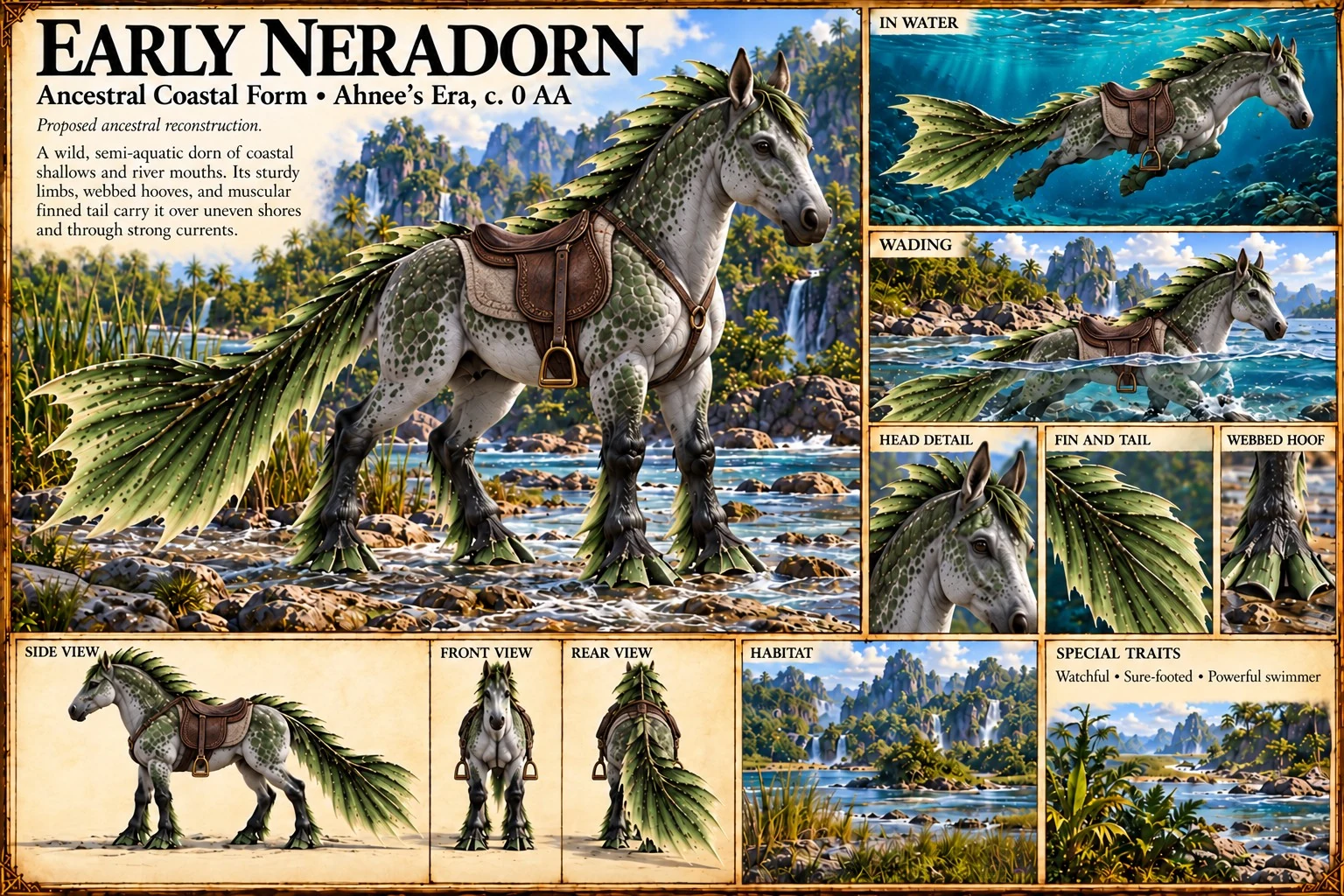 An ancestral coastal Neradorn stands saddled beside water, with swimming and wading scenes, anatomical studies, and coastal habitats.