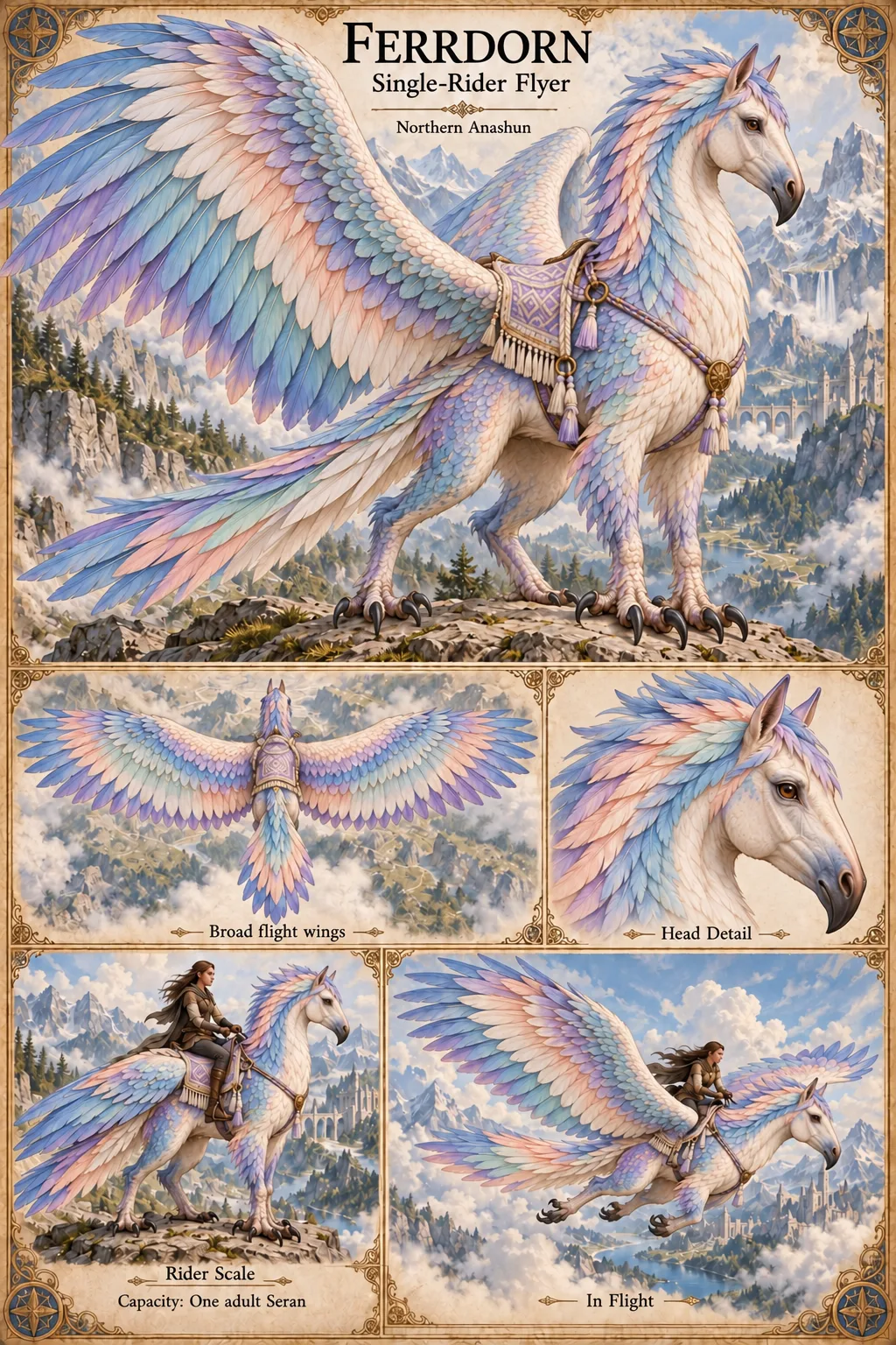 Ferrdorn, a single-rider flyer of northern Anashun, a winged, horse-headed mount with a hooked beak, taloned feet and pastel blue, lilac, rose and mint plumage, stands on a rocky mountain outcrop wearing a tasselled saddle blanket, with studies of its broad flight wings and head, a rider-scale view showing its capacity of one adult Seran, and a scene of it in flight above clouds and mountain valleys.