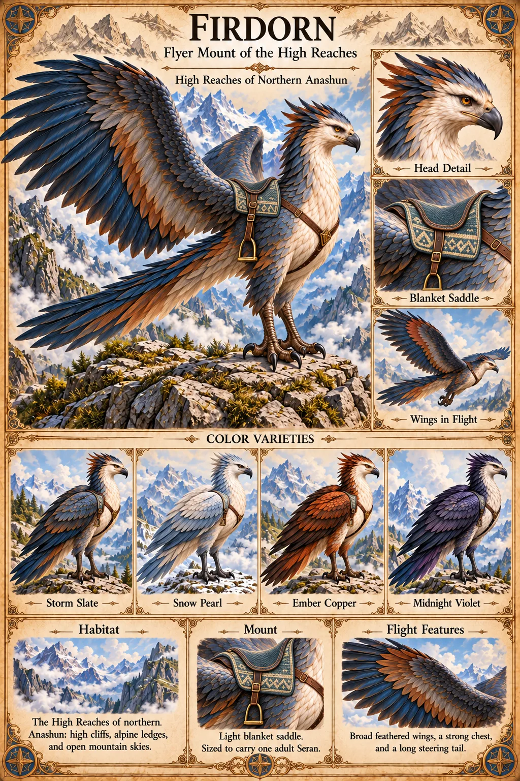 Firdorn, a flyer mount of the High Reaches of northern Anashun, a great hawk-like creature with broad slate-blue and copper feathered wings and a long steering tail, stands on a rocky mountain peak wearing a light blanket saddle, with head, saddle and in-flight studies, four colour varieties (Storm Slate, Snow Pearl, Ember Copper and Midnight Violet), and notes on its habitat of high cliffs and alpine ledges, a saddle sized to carry one adult Seran, and its flight features.