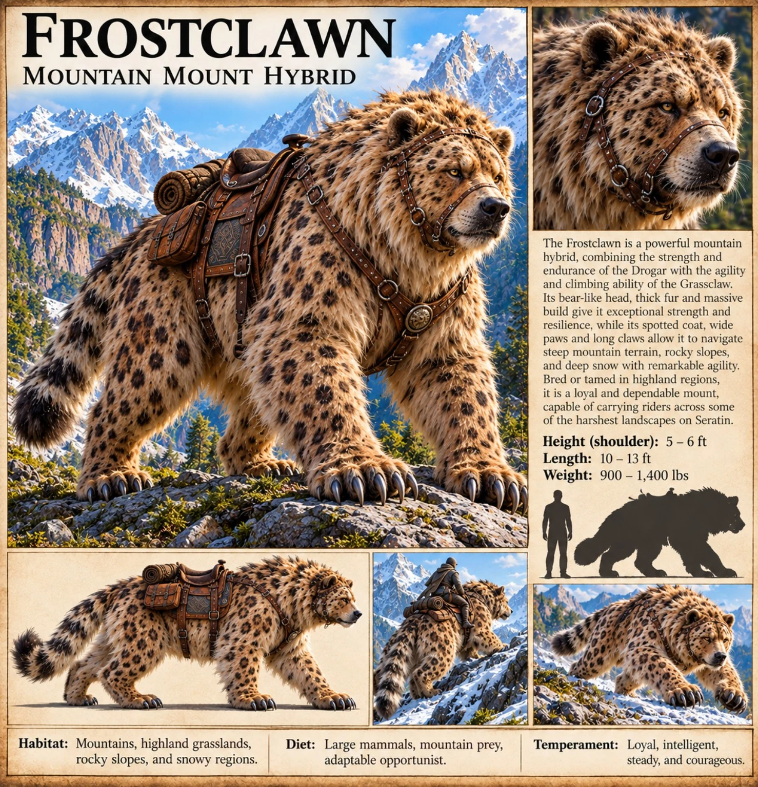A saddled, spotted Frostclawn stands on a rocky mountain ledge, with head studies, side views, and a size comparison.