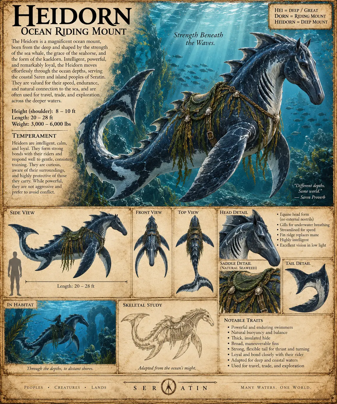 Illustrated reference plate of the Heidorn ocean mount, with anatomical studies and riding equipment.