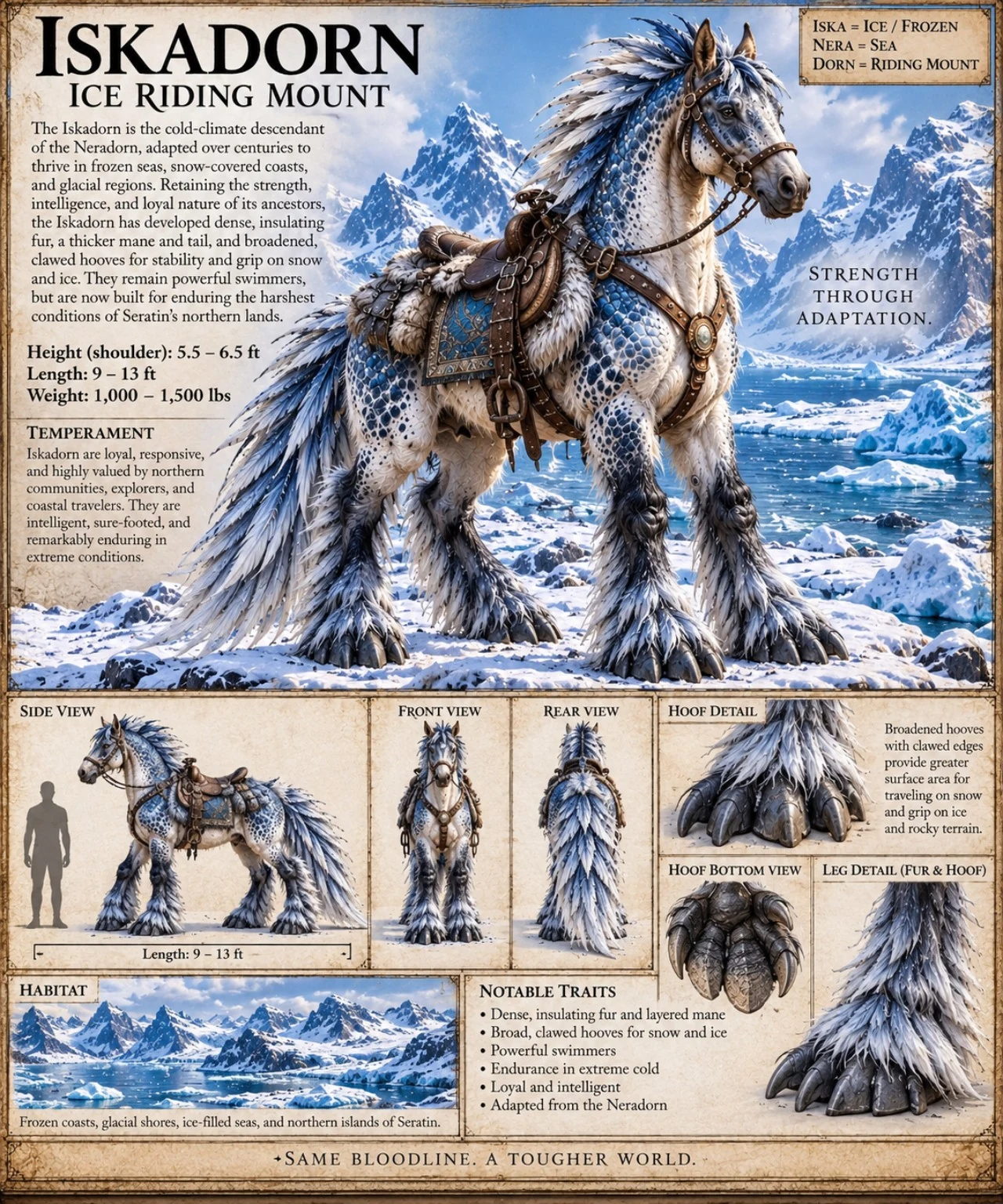 A pale, heavily feathered Iskadorn stands saddled on coastal ice, with anatomical studies, tack details, and size comparisons.