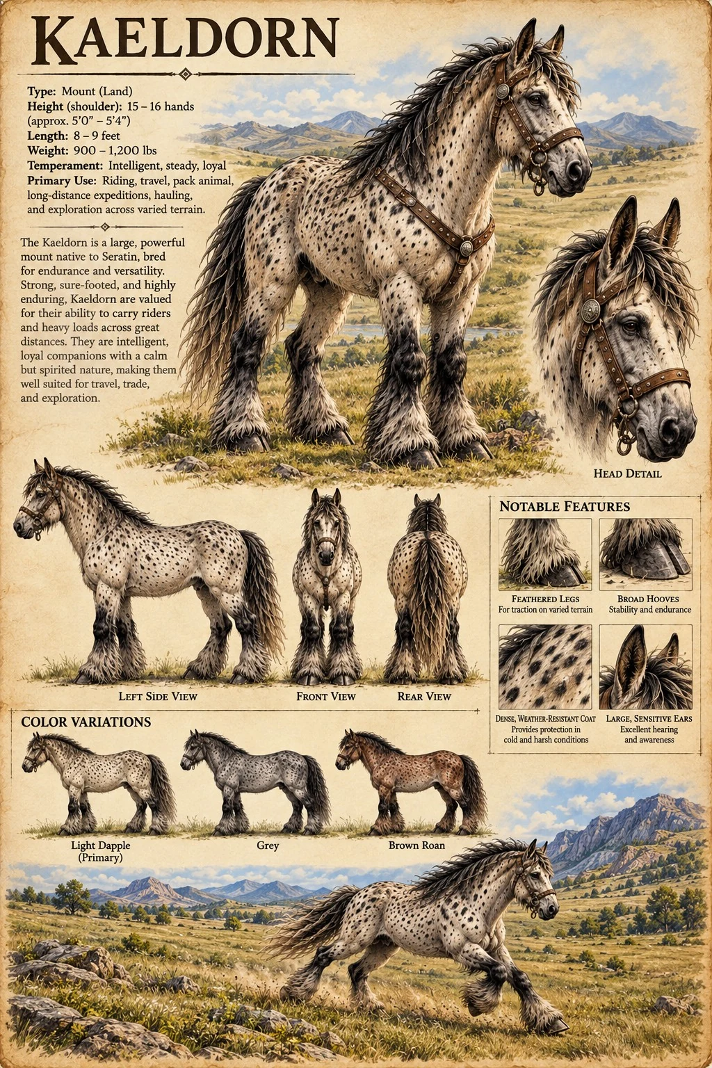 A spotted Kaeldorn appears in open country, with head, foot, tail, riding equipment, coat variation, and running studies.