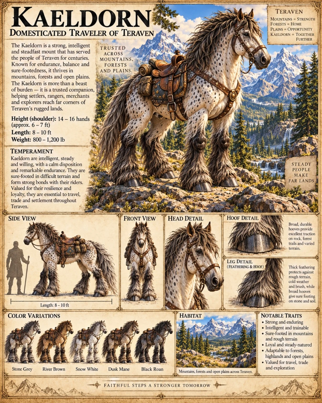 A saddled Kaeldorn stands in a mountain landscape, with anatomical studies, riding equipment, coat variations, and travel scenes.