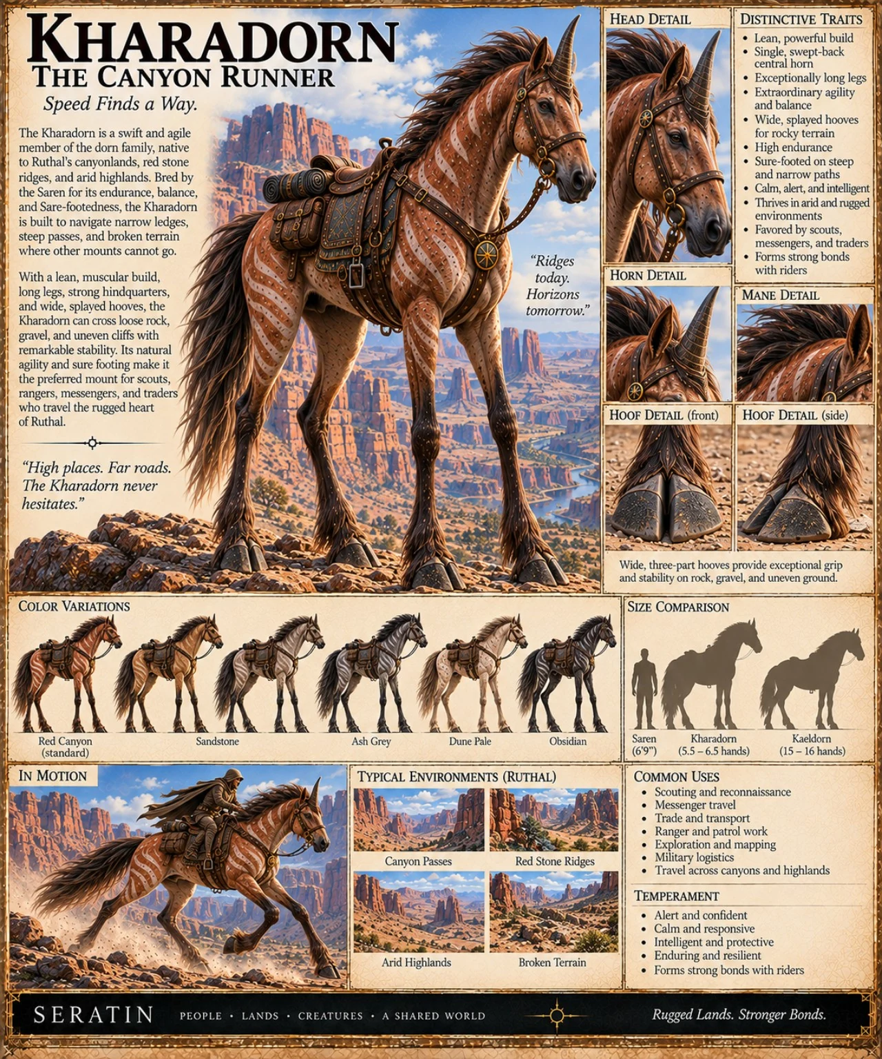 A chestnut Kharadorn stands saddled in red canyon country, with anatomical studies, coat variations, and running scenes.