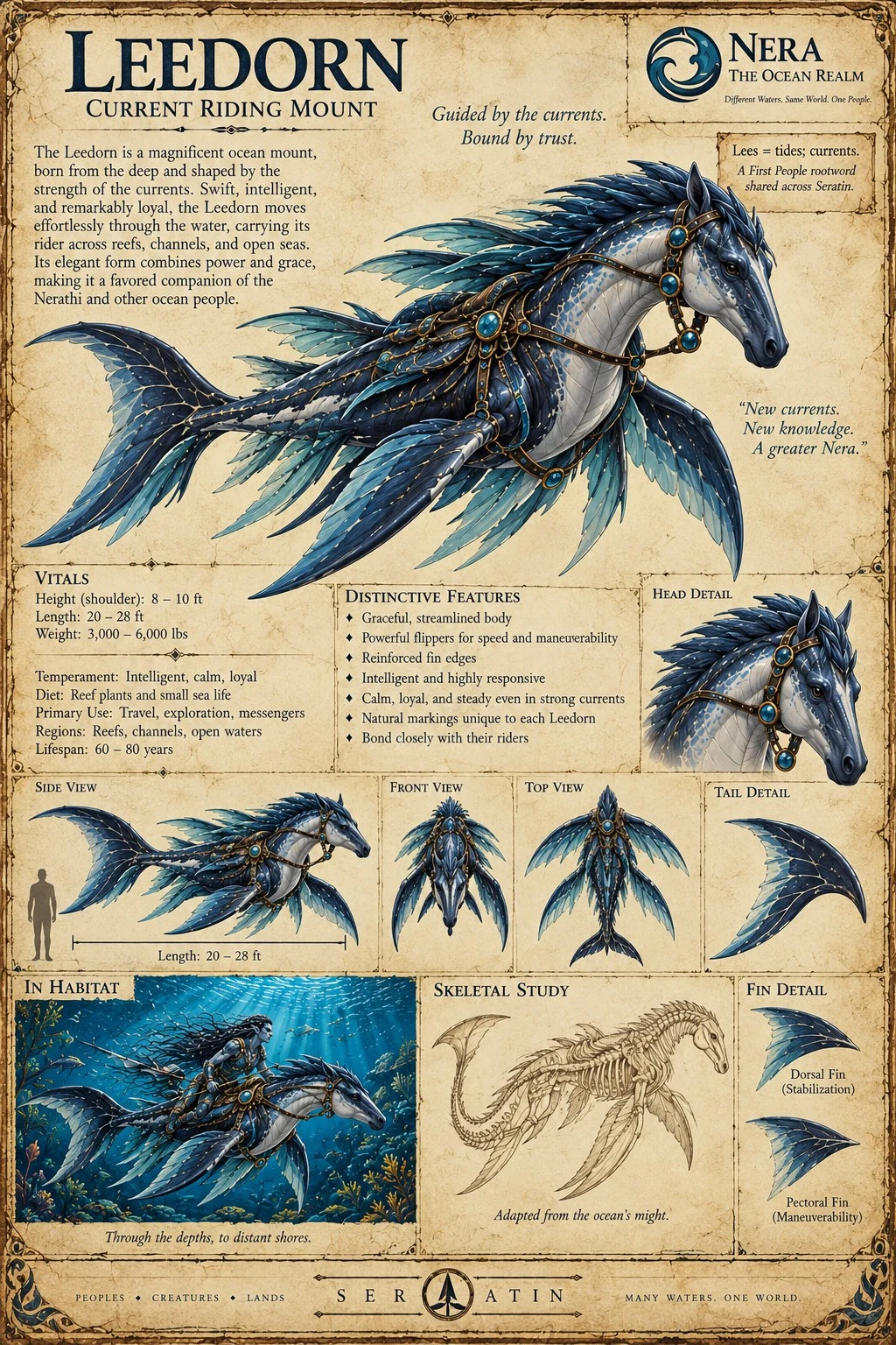 A blue-green aquatic Leedorn appears with anatomical studies, riding equipment, size comparisons, and underwater scenes.