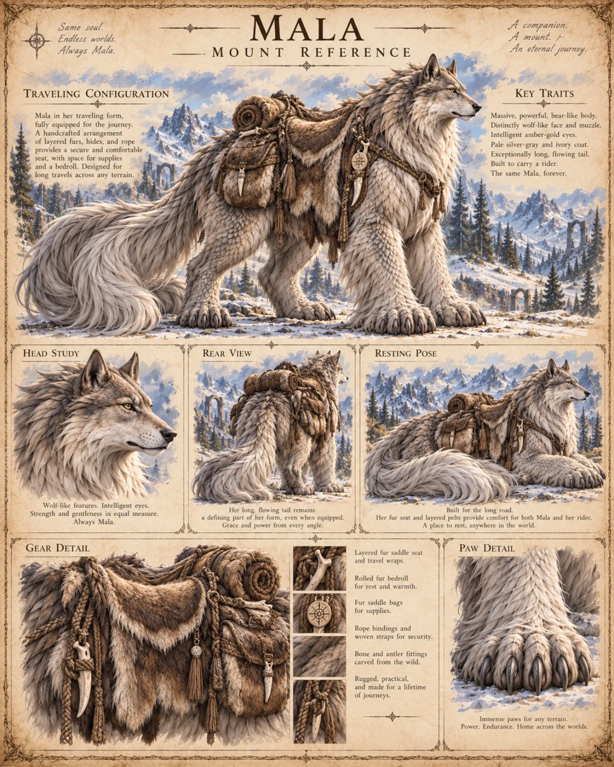 Mount reference plate showing Mala with a saddle and travel gear, head and rear views, harness details, and a large paw study.