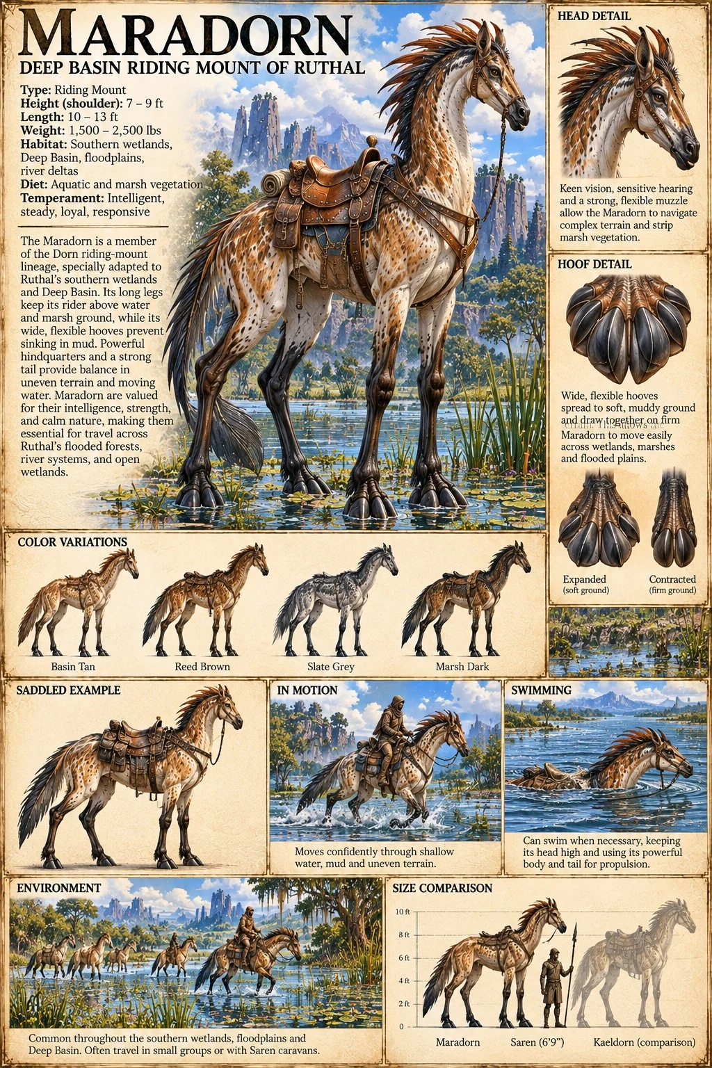A saddled Maradorn stands in a rocky landscape, with head, foot, tail, coat variation, swimming, and riding studies.
