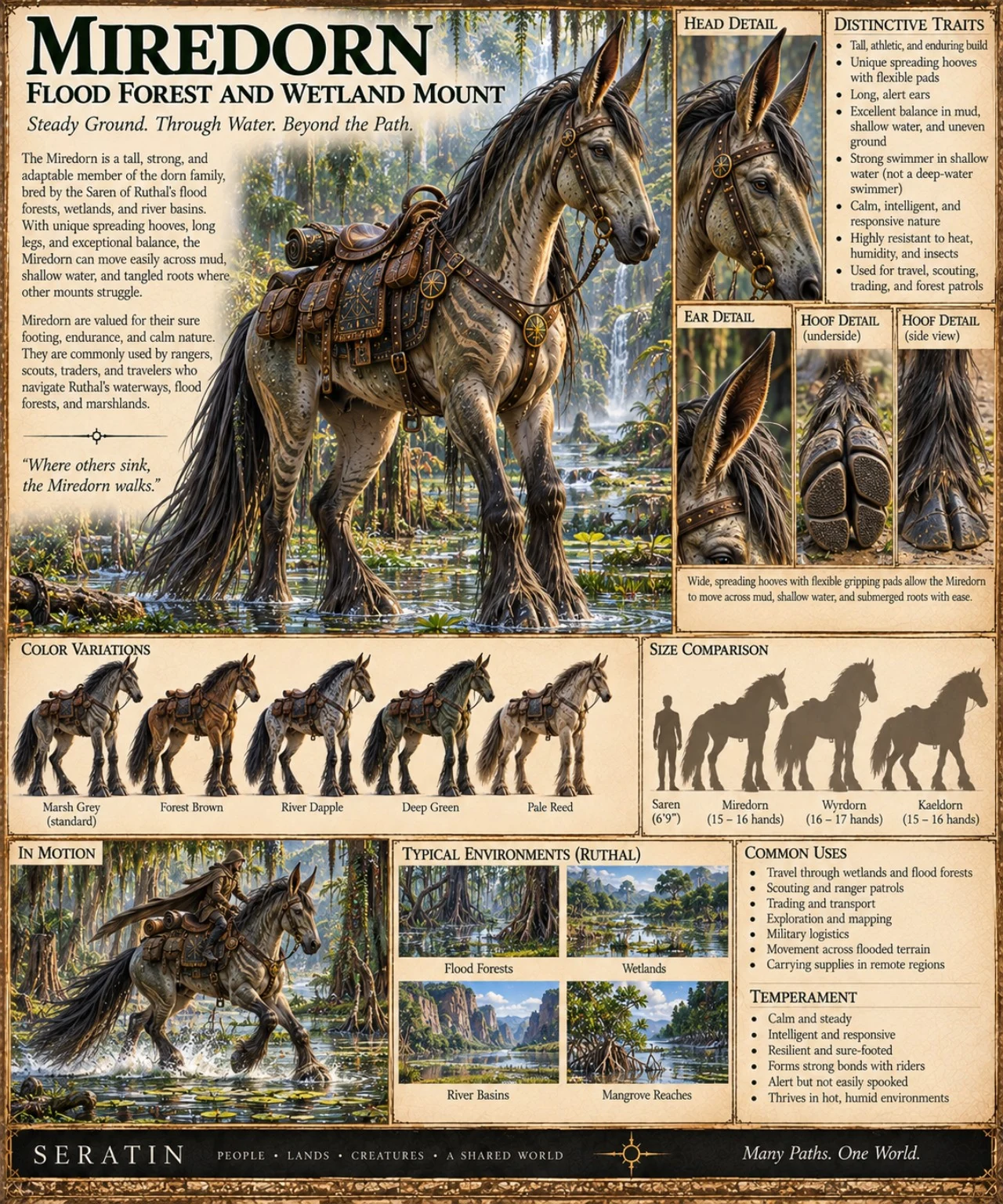 A green-brown Miredorn stands saddled in a wetland forest, with anatomical studies, coat variations, and flooded habitat scenes.