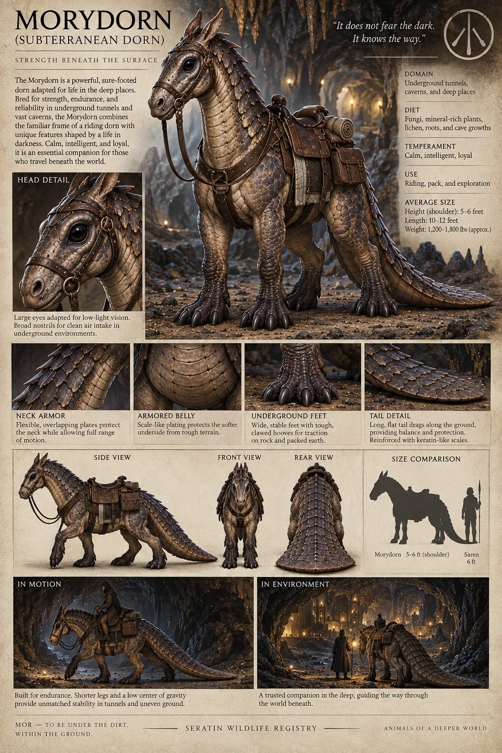 A dark, saddled Morydorn stands in a cavern, with head, foot, tail, riding equipment, and size studies.