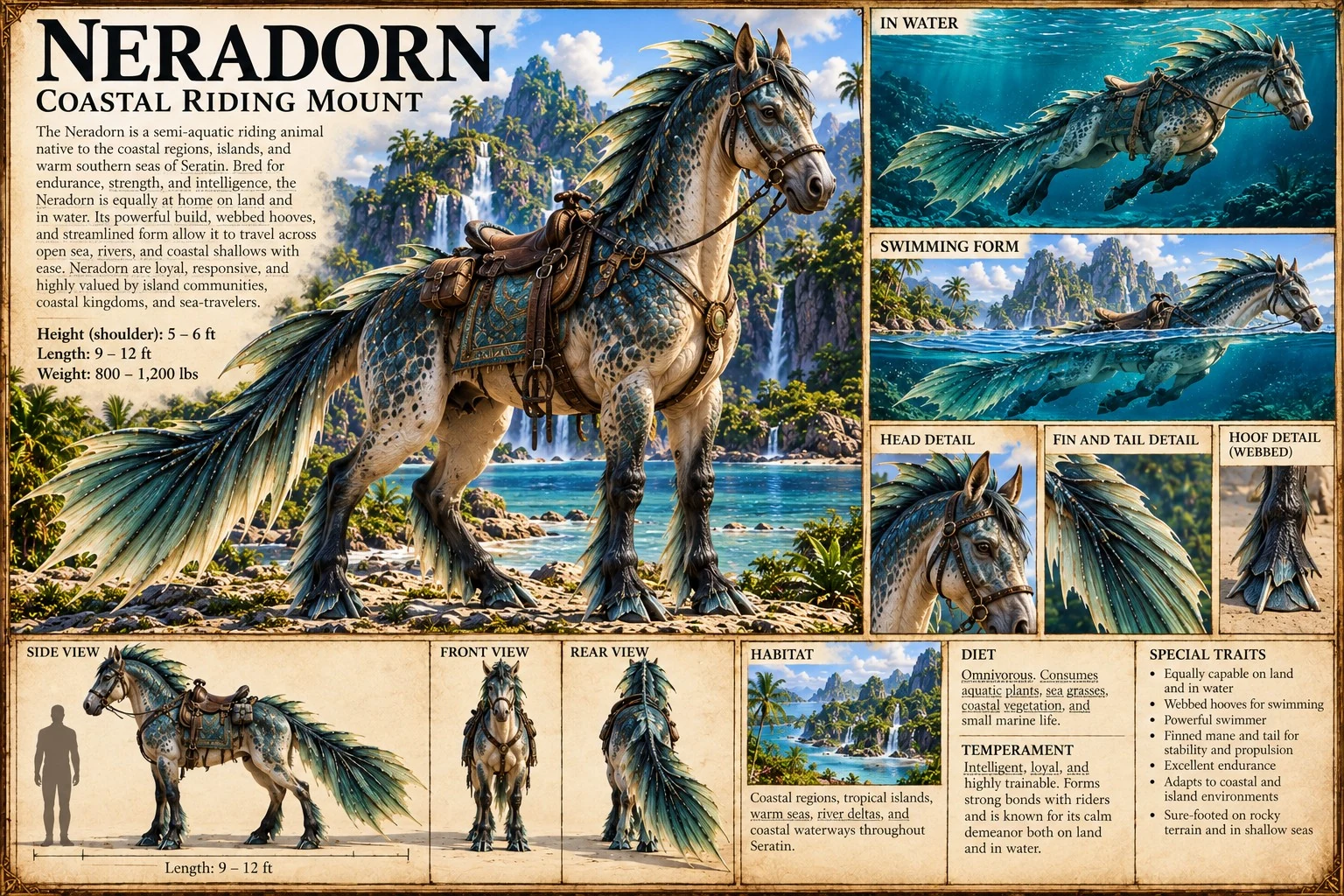 A saddled Neradorn stands on a tropical shore, with swimming scenes, anatomical studies, riding equipment, and coastal habitat details.