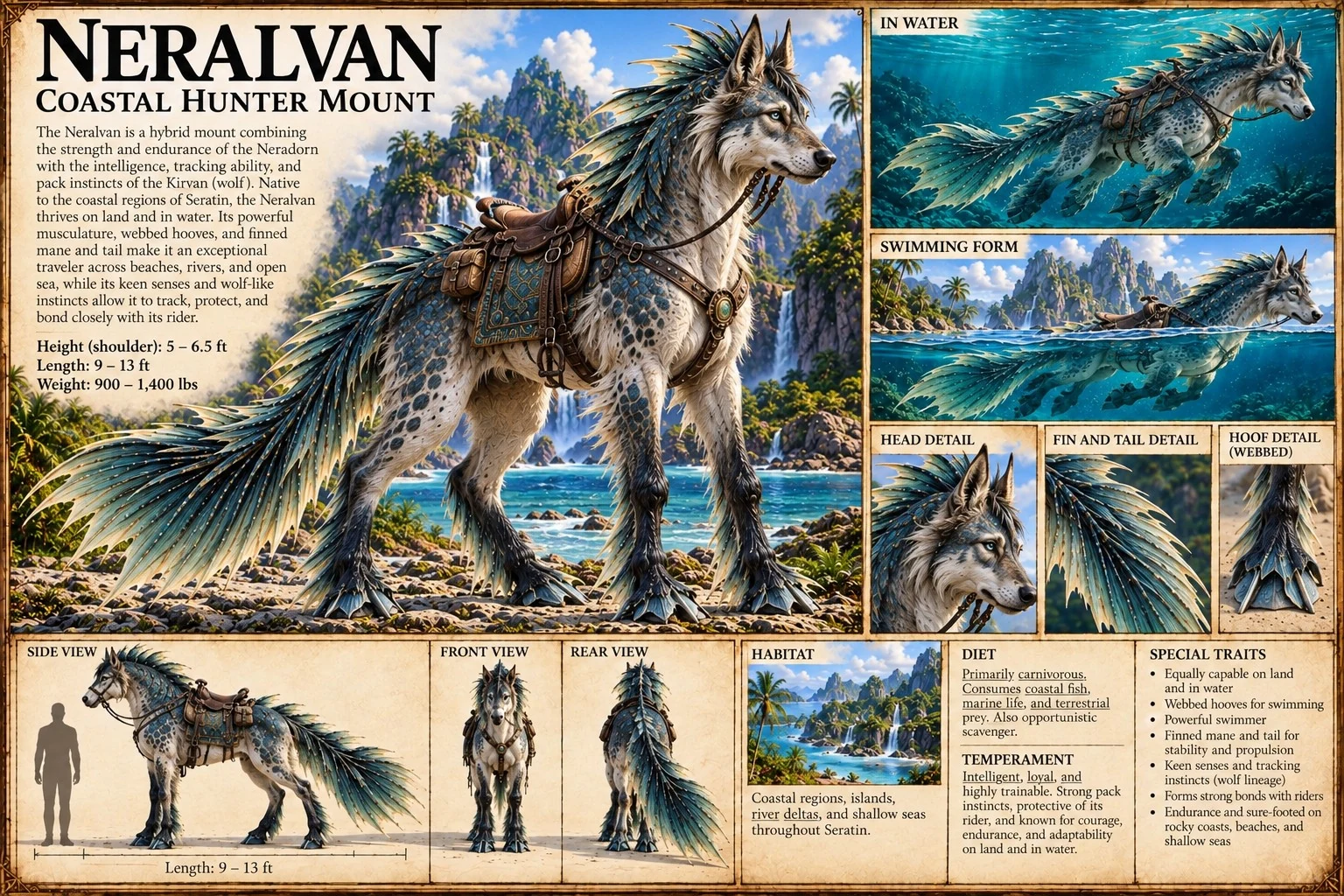 A saddled Neralvan stands on a rocky coast, with swimming, wading, anatomical, and habitat studies.