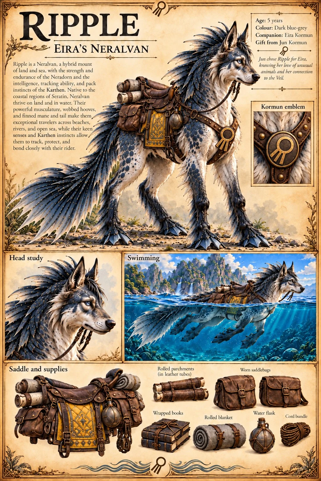 Ripple, Eira’s blue-grey Neralvan, appears with a Kormun emblem, head study, swimming scene, and saddle and supply details.